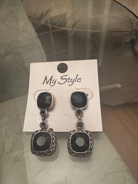 Black Dangle Earrings with Ornate Silver Accents